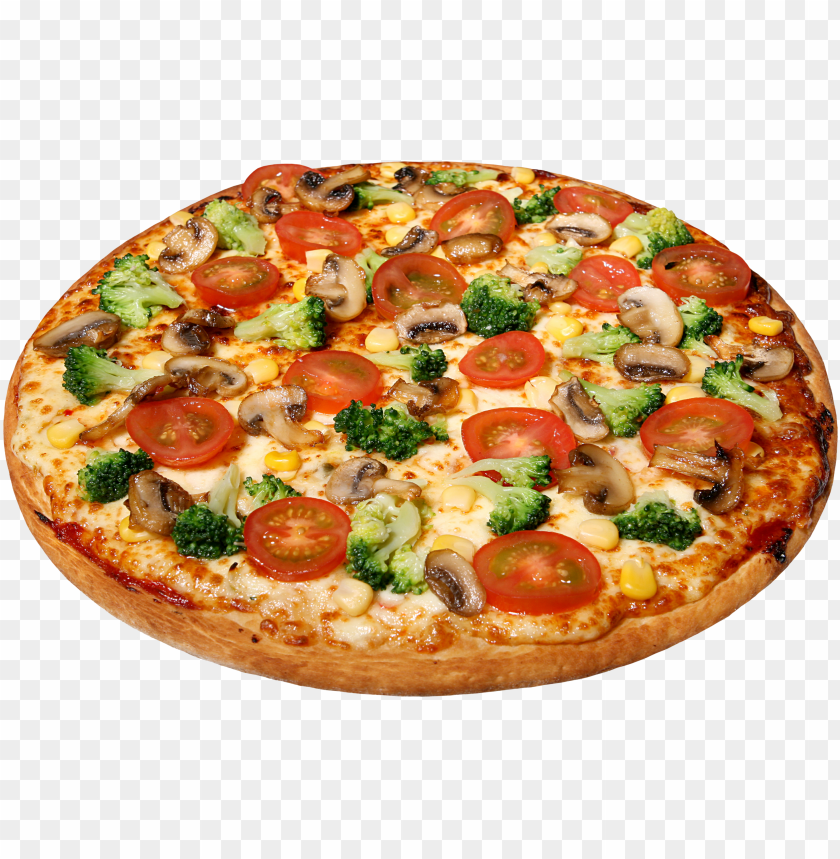 pizza, vegetables, mushrooms, broccoli, tomatoes, cheese, corn