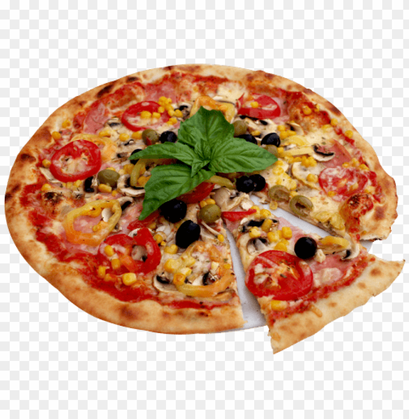 pizza, vegetable toppings, cheese, tomato sauce, black olives, bell peppers, corn