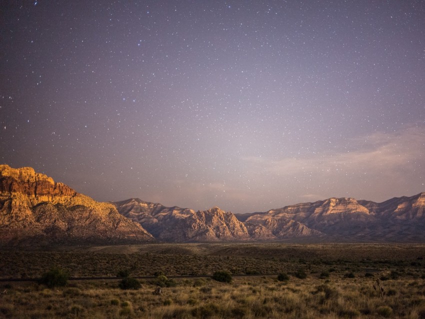 Plain Mountains Landscape Twilight Stars Deserted Background