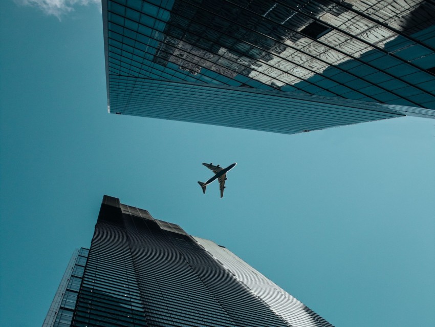 plane, bottom view, buildings, skyscrapers, architecture