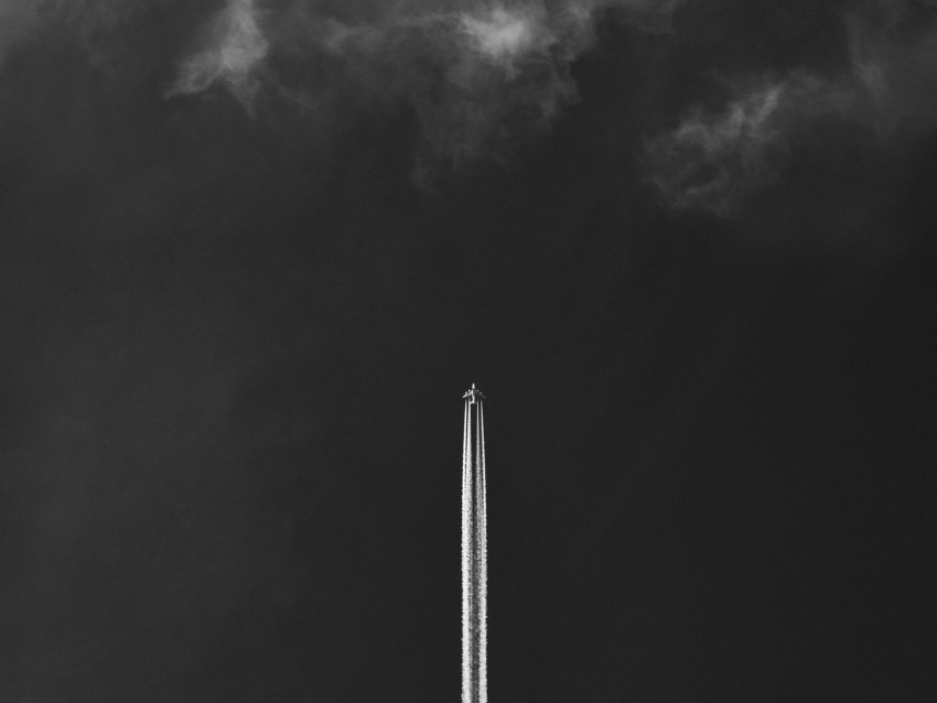 plane, bw, sky, takeoff, trace