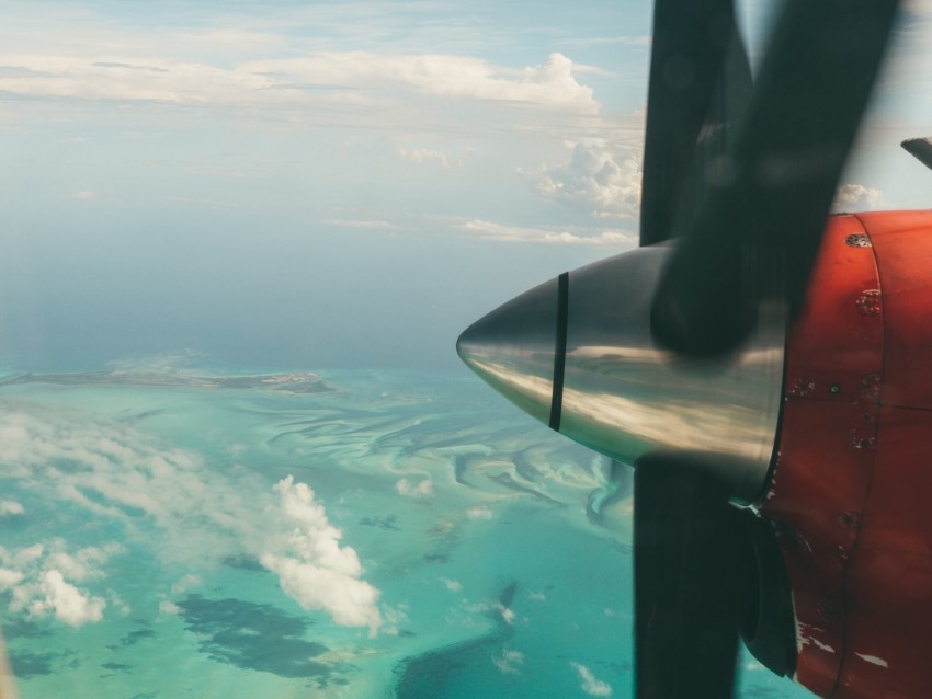 plane, propeller, ocean, view, overview