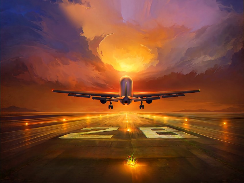 Plane Runway Art Sunset Sky Background