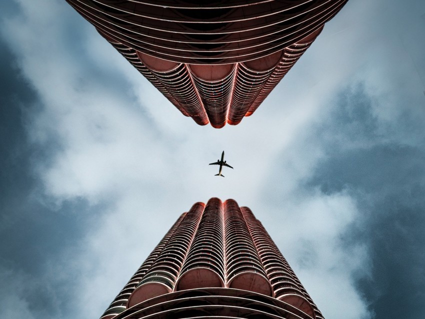 plane, skyscrapers, bottom view, sky, architecture