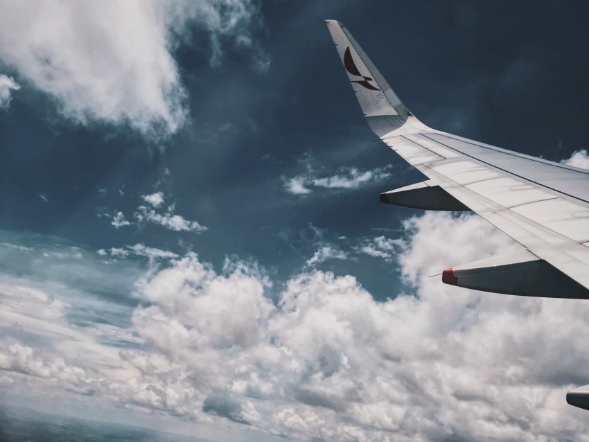 plane wing, flight, sky, aerial view