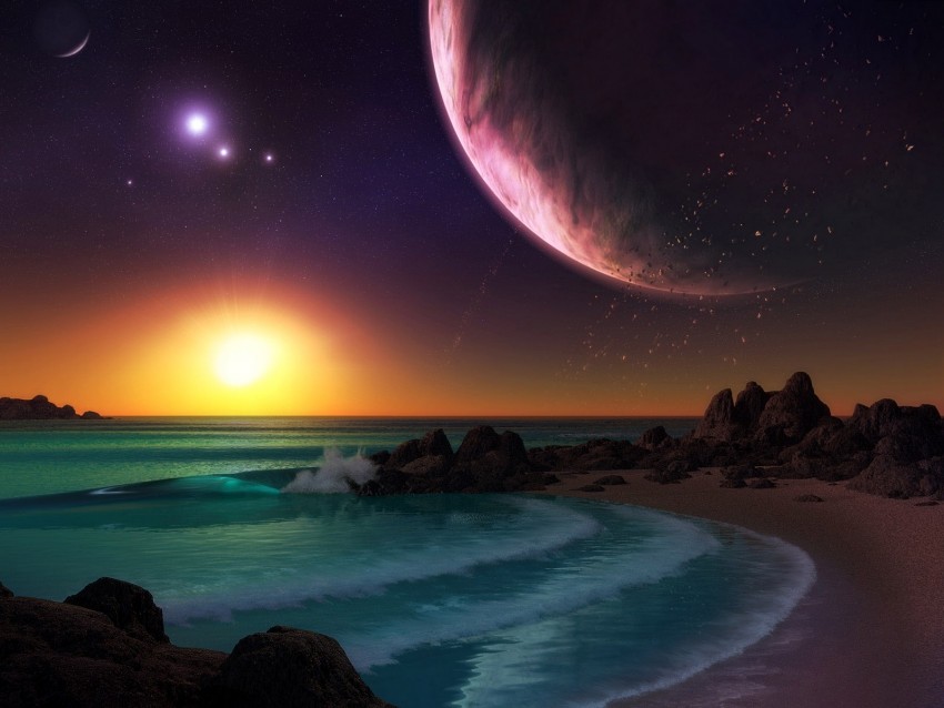 planet, sea, surf, sunset, art, rocks