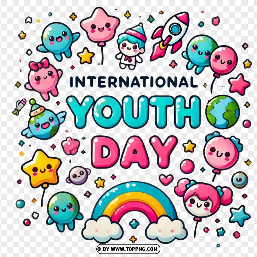 Playful Kawaii International Youth Day Design With Cute Characters And Rainbow PNG Transparent Background