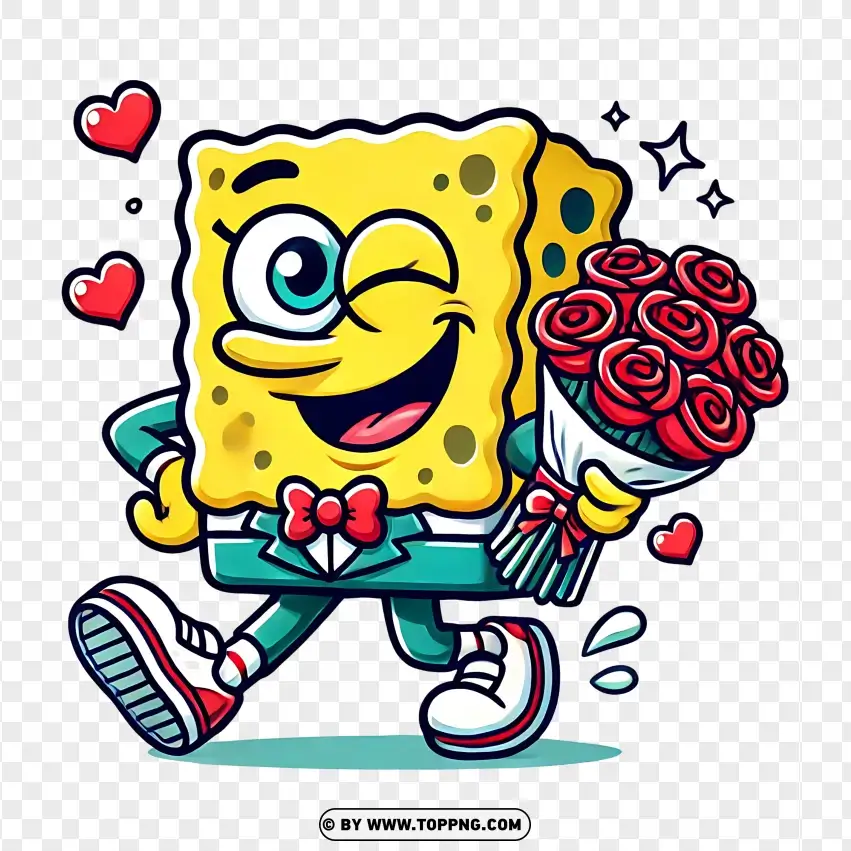 Playful Spongebob Winking With A Valentine Rose Bouquet PNG Transparent Background