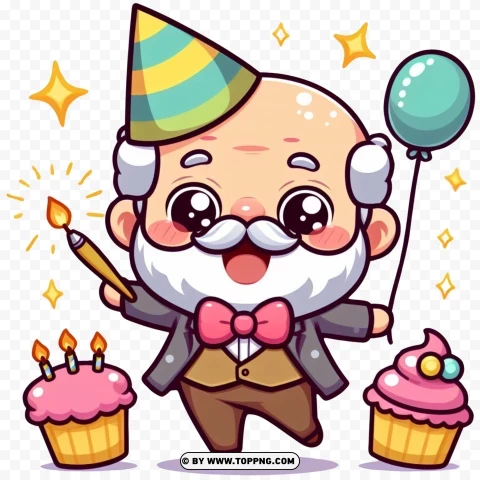 Kawaii Old Man,Birthday character,Whimsical Celebration,Retirement,Illustration,Elderly ,Cartoon 