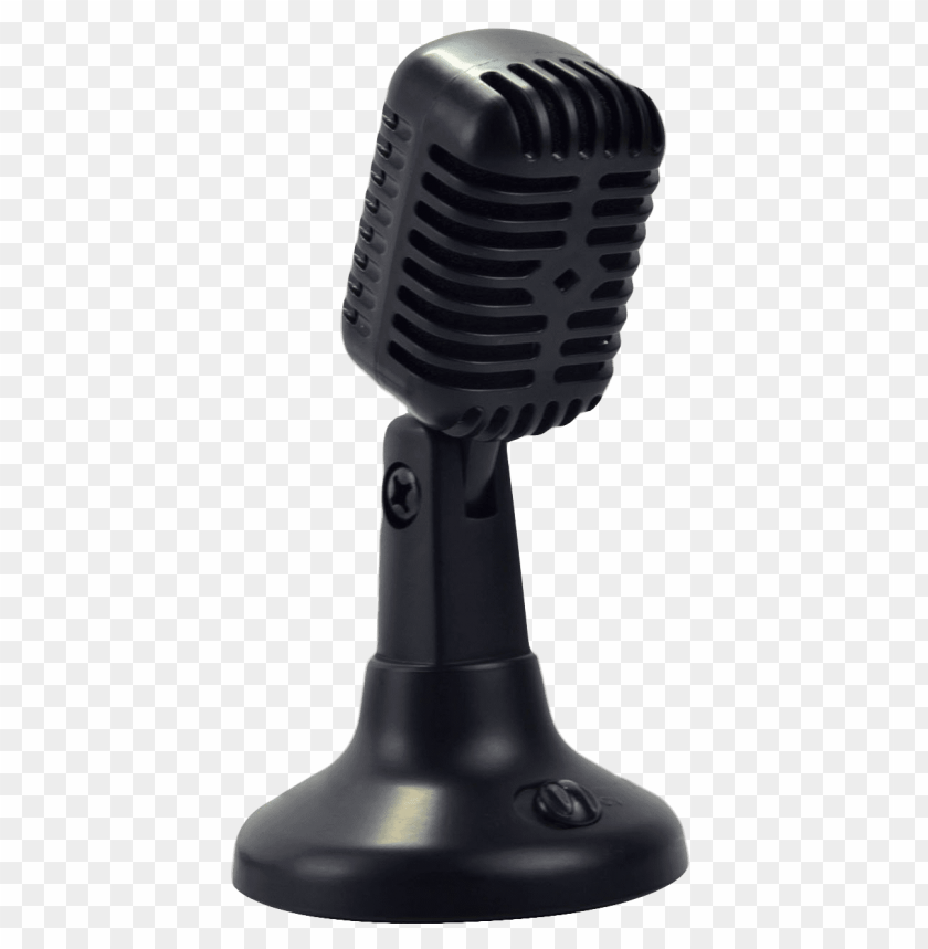 Vintage black microphone on a stand with a transparent background.