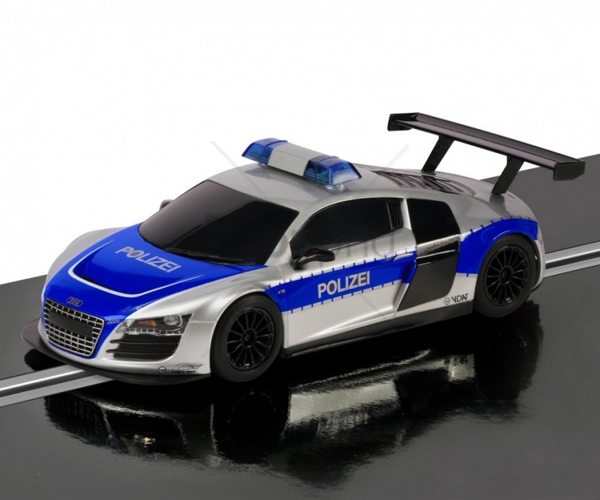 toy car, police car, Audi model, slot car, blue and silver toy, police vehicle, racing car toy