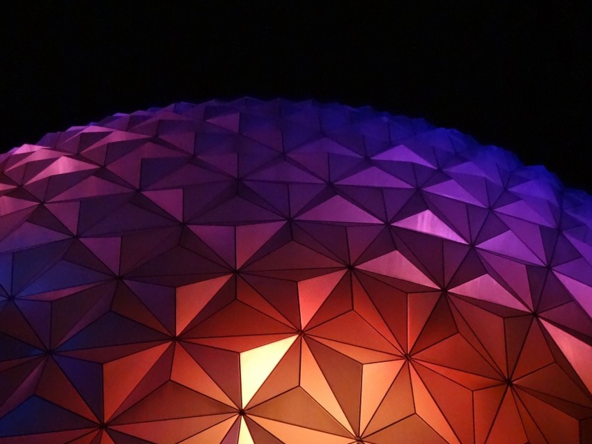 geodesic dome, architectural design, colorful lighting, modern structure, night view