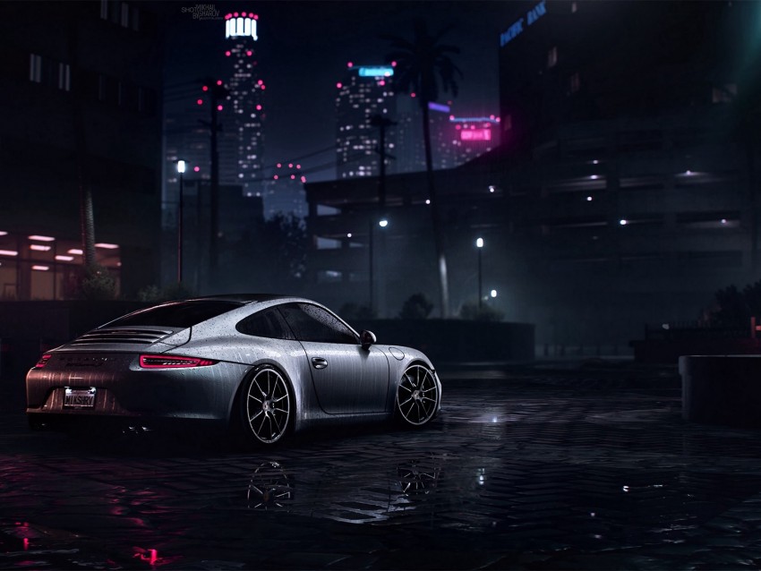 Porsche 911 Carrera S Porsche Sportscar Gray Wet Side View Night Background