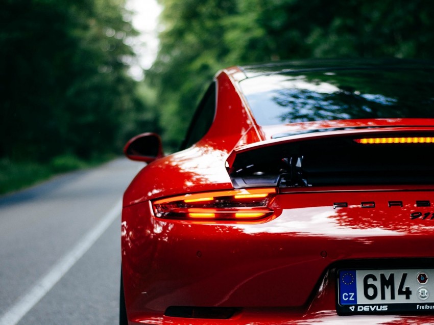 Porsche 911 Porsche Car Sportscar Red Rear View Road Background