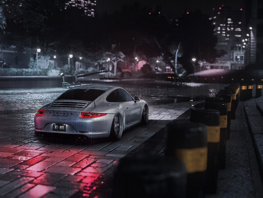 porsche cayman s, porsche, car, gray, night, rain