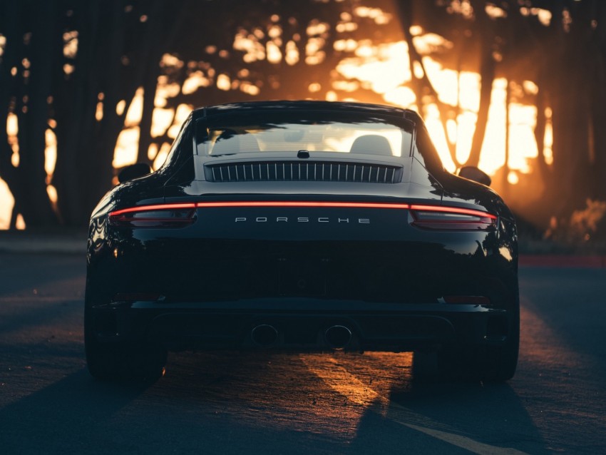 porsche, sports car, rear view, black, sunlight