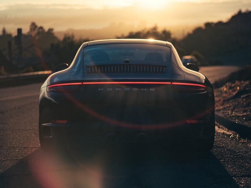 porsche, sports car, rear view, black, sunlight, movement