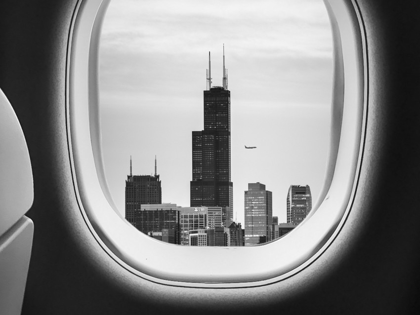 Porthole Bw Airplane Window Buildings Flight Background