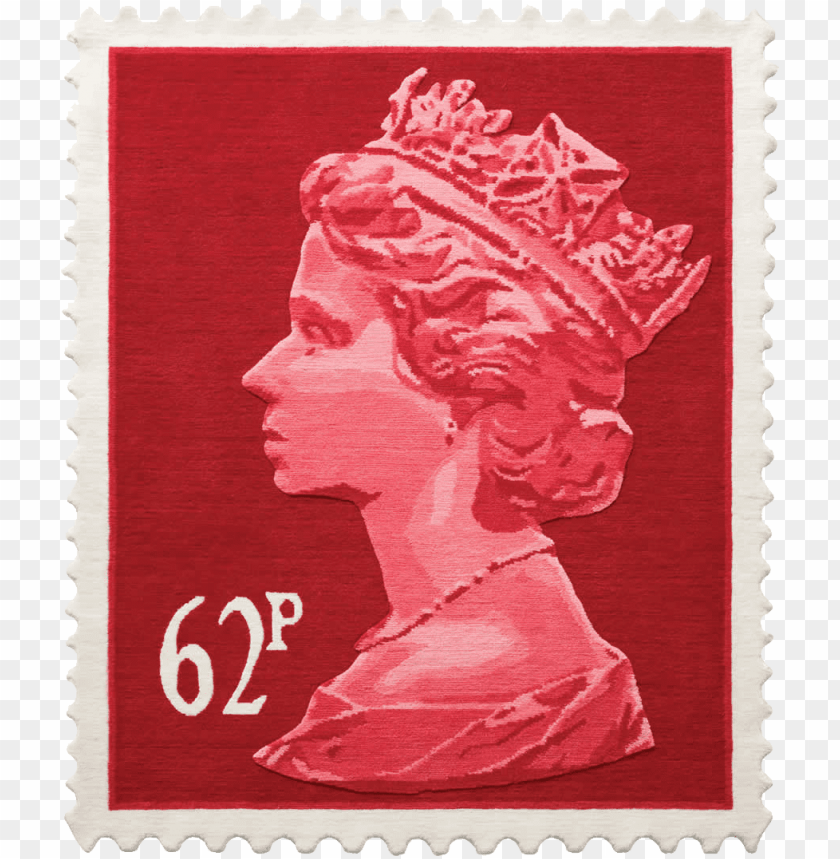 Red postage stamp featuring a profile of Queen Elizabeth II, 62p denomination.