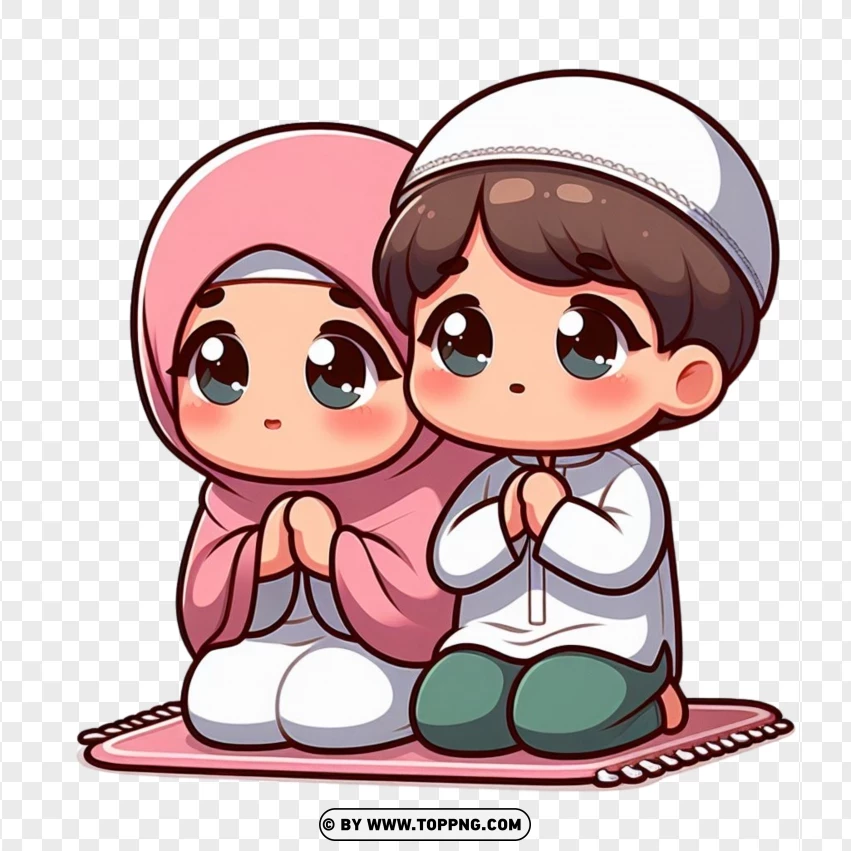 Praying Muslim Kids As A Chibi Character PNG Transparent Background