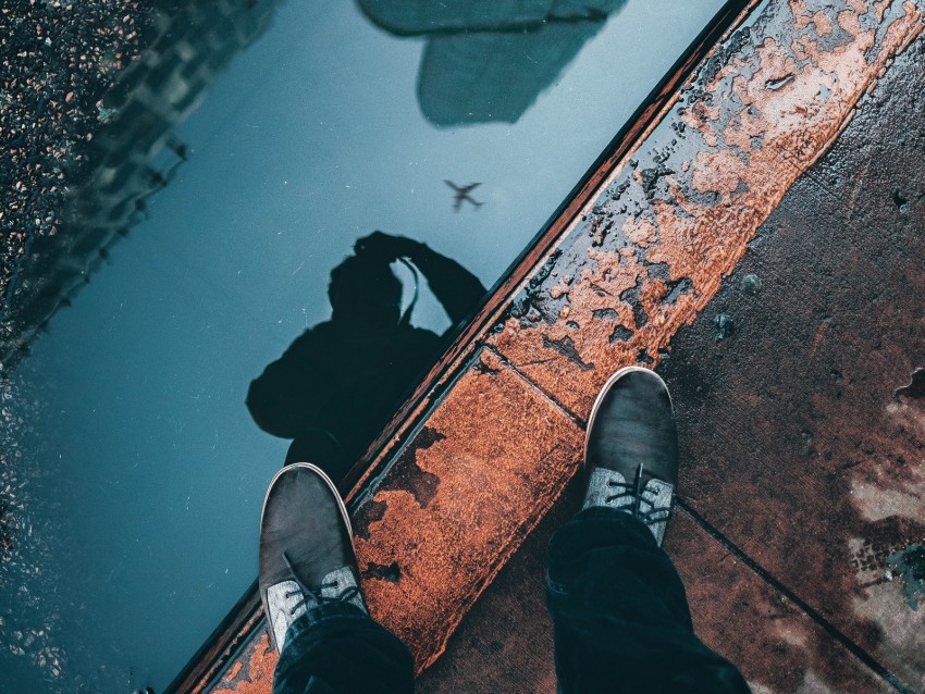 puddle, border, legs, reflection, photographer, sidewalk