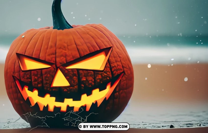 Pumpkin On Rainy Beach Halloween Ambience PNG Transparent Background