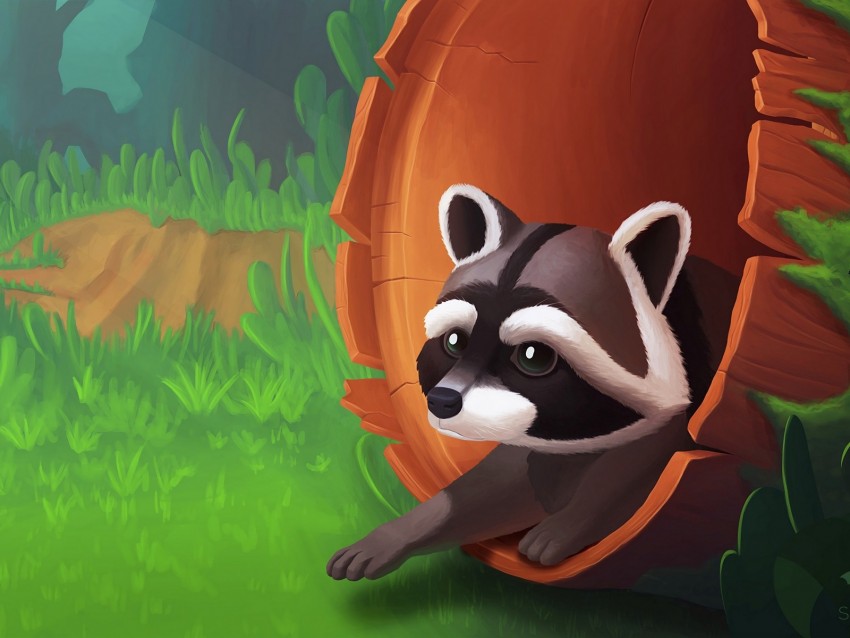 Raccoon Art Tree Grass Background