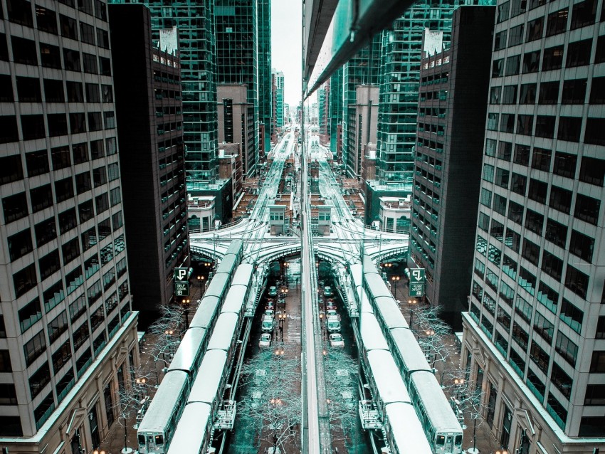 railroad, train, city, buildings, chicago