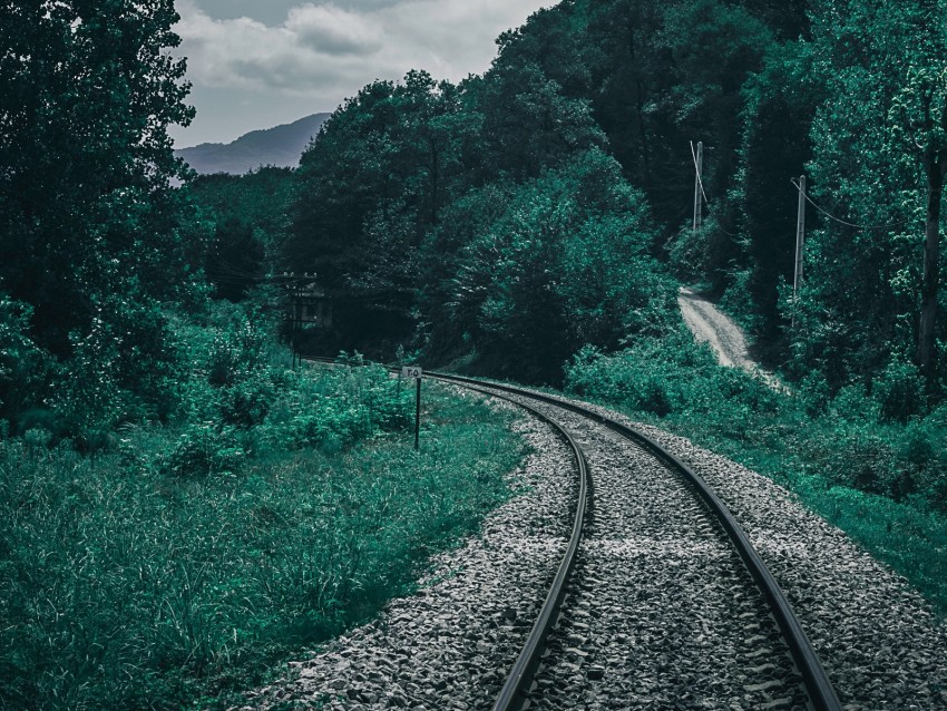 railroad, trees, sky, turn