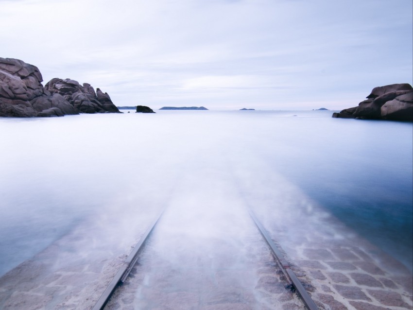 Rails Mound Water Stones Flood Background