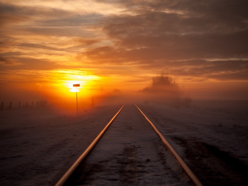 Railway Fog Snow Sunset Horizon Background