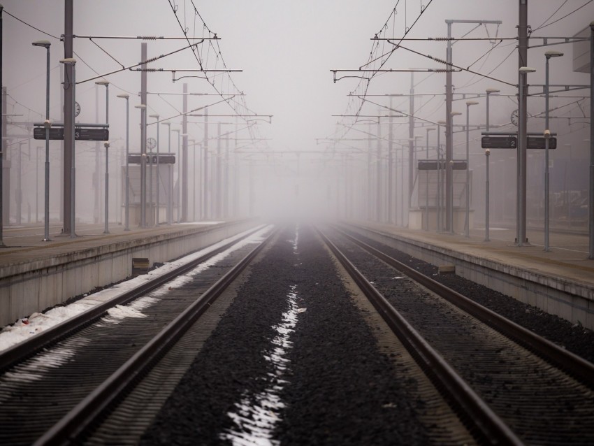 Railway Fog Wires Rubble Pebbles Background