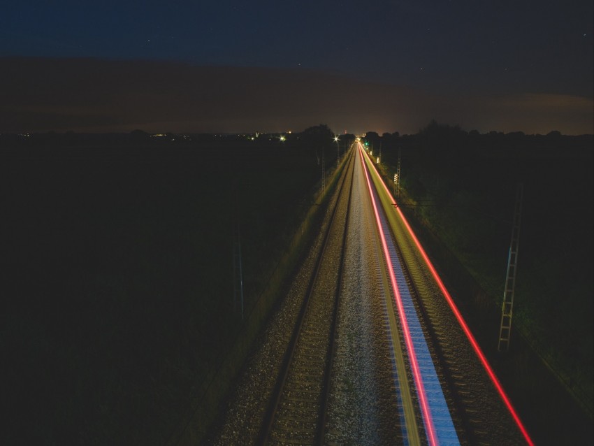 train tracks, night scene, long exposure, railway lights, transportation