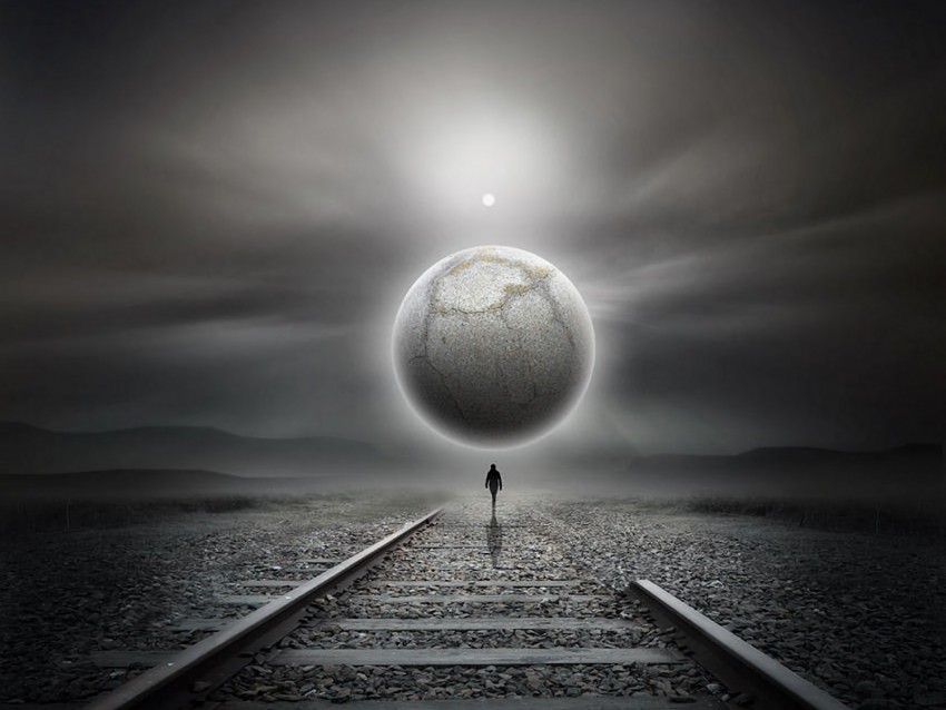 railway, silhouette, loneliness, art, planet, futurism, surrealism