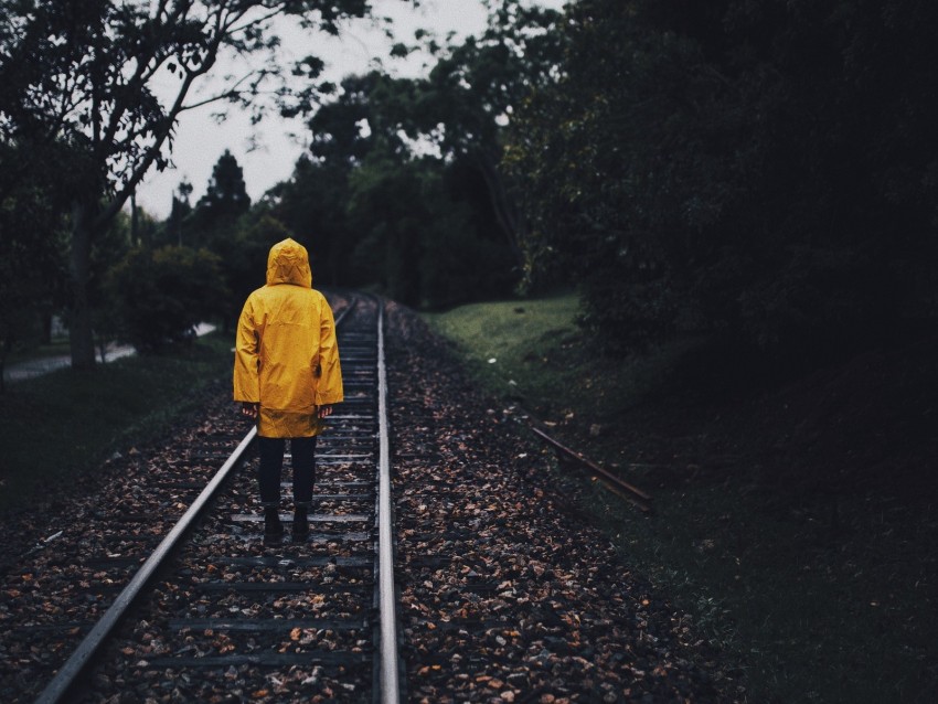 raincoat, man, railway, lonely, autumn, yellow