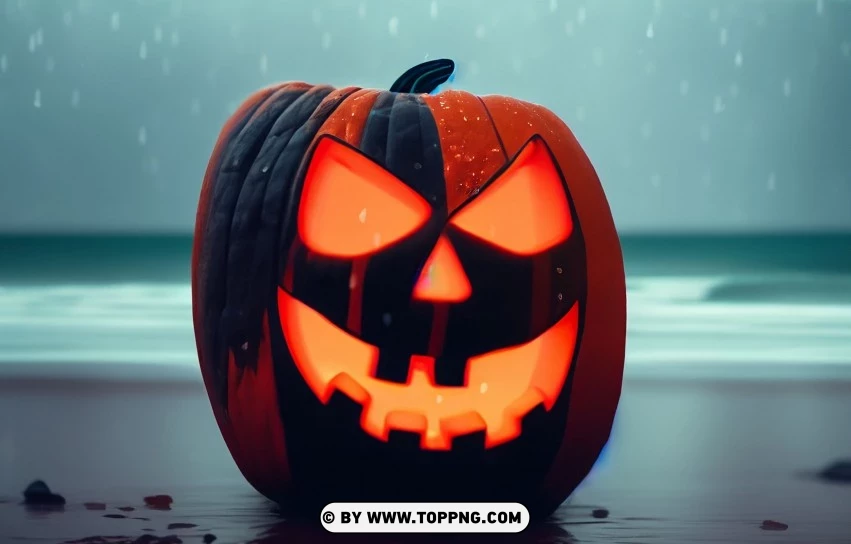 Rainy Halloween By The Sea Pumpkin On The Beach Photo PNG Transparent Background