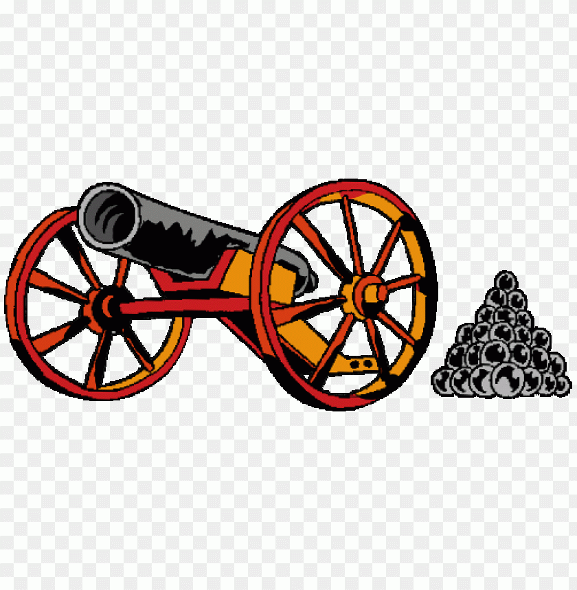 Colorful cannon with wheels and cannonballs stacked beside it PNG