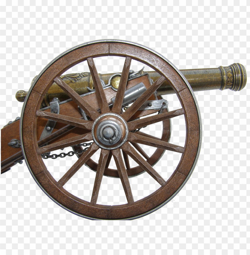 A vintage cannon with a wooden wheel and metal barrel PNG