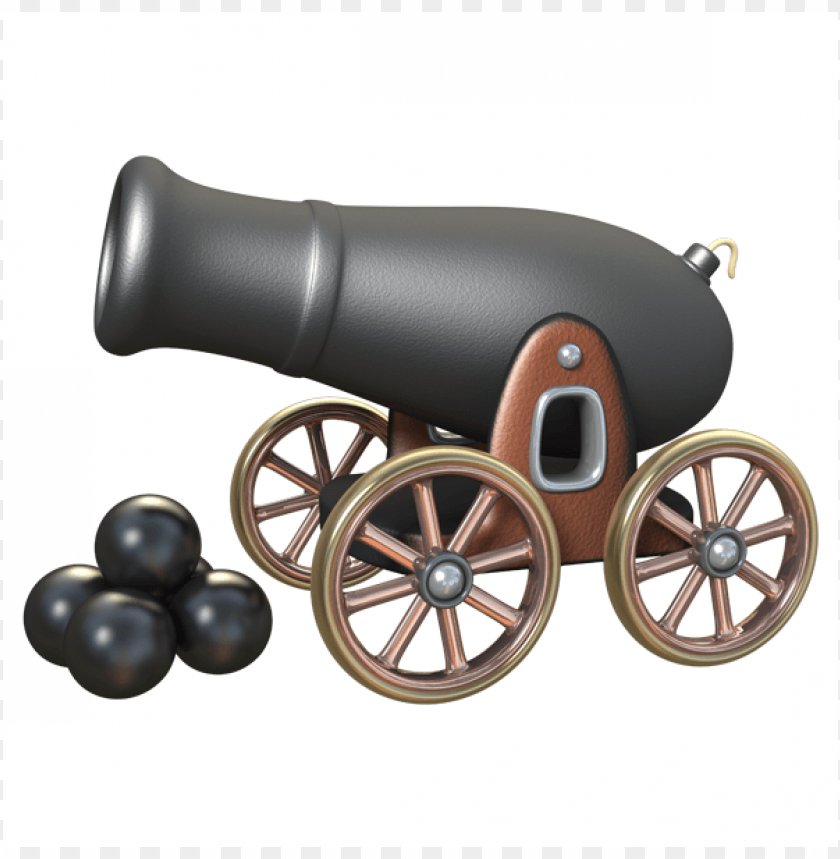 A detailed cannon with wooden wheels and cannonballs beside it PNG