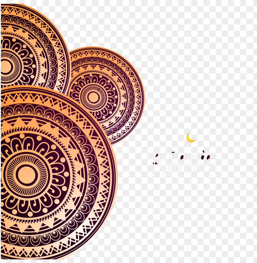 Decorative mandala patterns and 'Ramadan Kareem' greeting in warm colors PNG