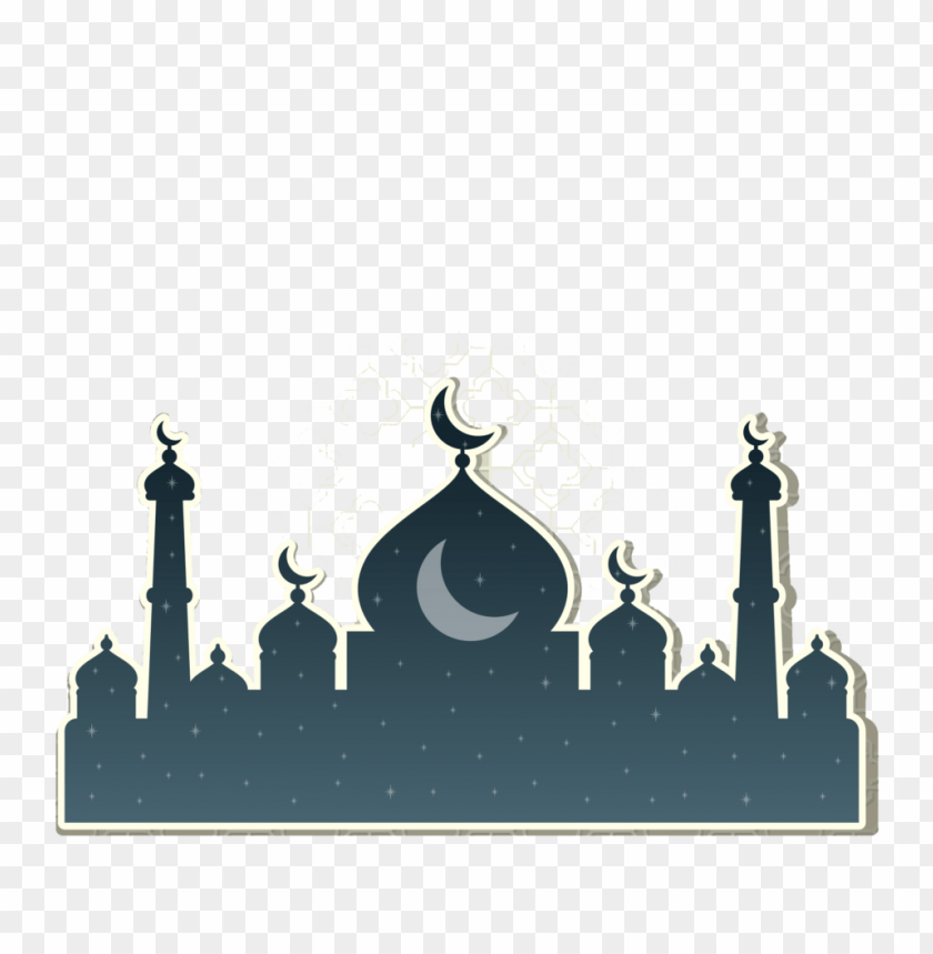 Silhouette of an Islamic mosque with crescent moon and stars PNG