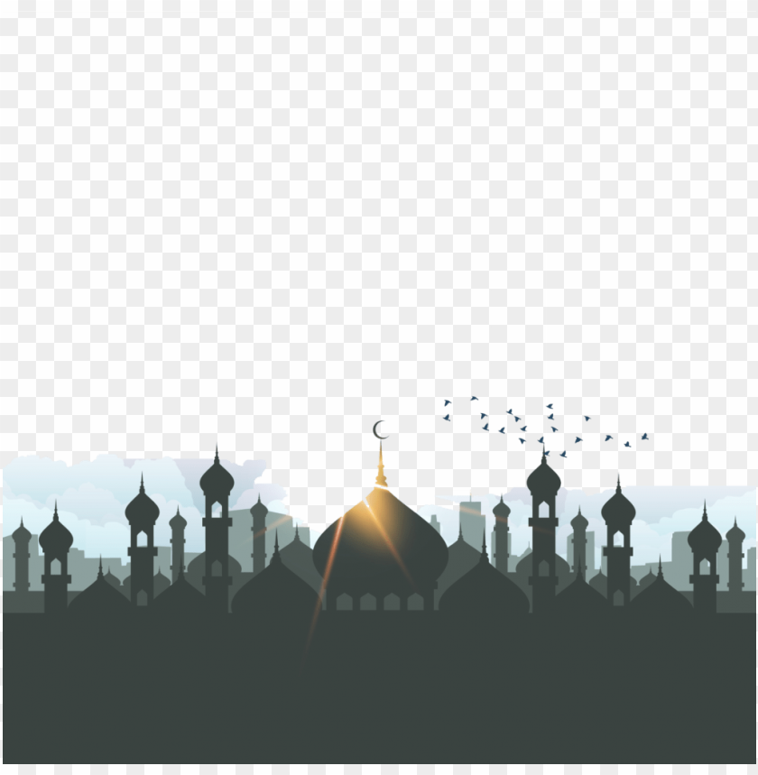 Silhouette of a mosque skyline with minarets and a glowing dome PNG