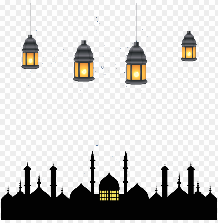 Hanging lanterns over a city skyline at night with twinkling lights PNG