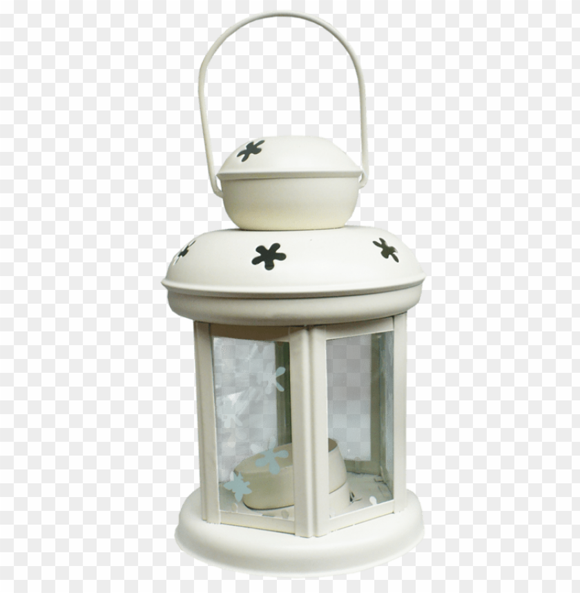 White lantern with floral designs and a handle, ideal for decorative lighti PNG