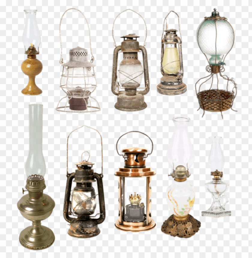 Various vintage lamps including oil lamps and glass lanterns PNG