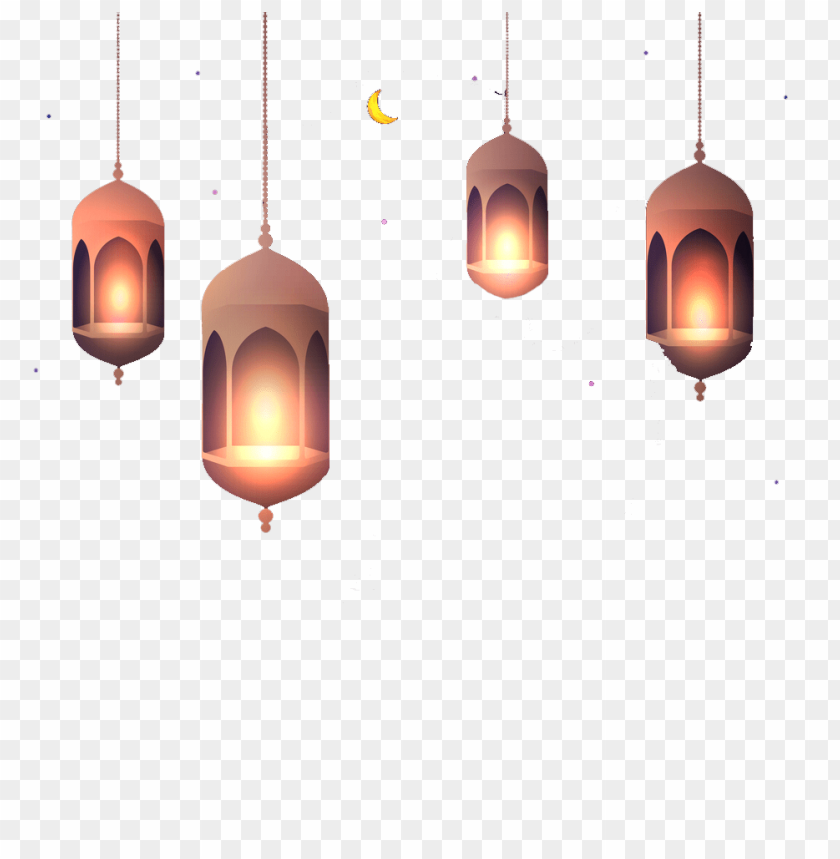 Four glowing lanterns and a crescent moon on a dark background PNG