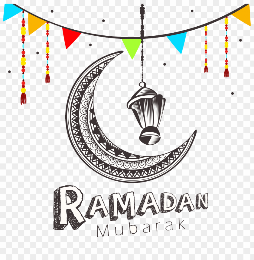 Ramadan Mubarak greeting with crescent moon and lantern desi PNG