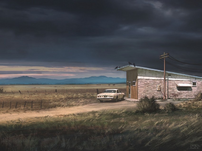 ranch, car, building, country, landscape, rain clouds