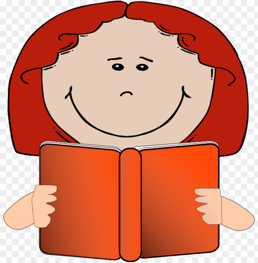 reading, orange book, female character, happy expression, cartoon character, red hair, literature