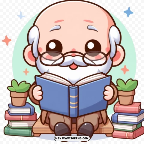 Reading character ,  Kawaii elderly Man, Reading,Kawaii Old Man, Elderly, Glasses, Cartoon